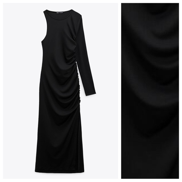 NWT. Zara Black Asymmetric Draped Midi Dress. Size M. - Picture 4 of 10